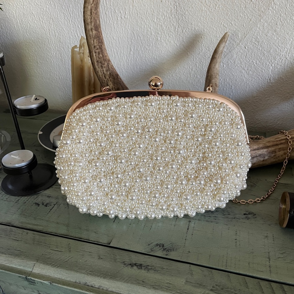 INC Pearl and Gold clutch purse with attachable strap